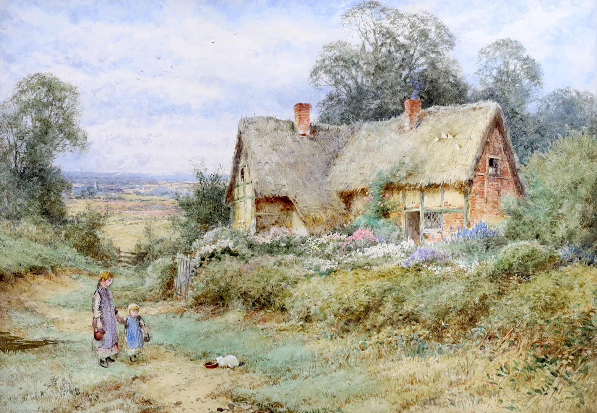 Circle of Henry John Sylvester Stannard, watercolour, Children and white cat beside a thatched cottage, 35 x 50cm